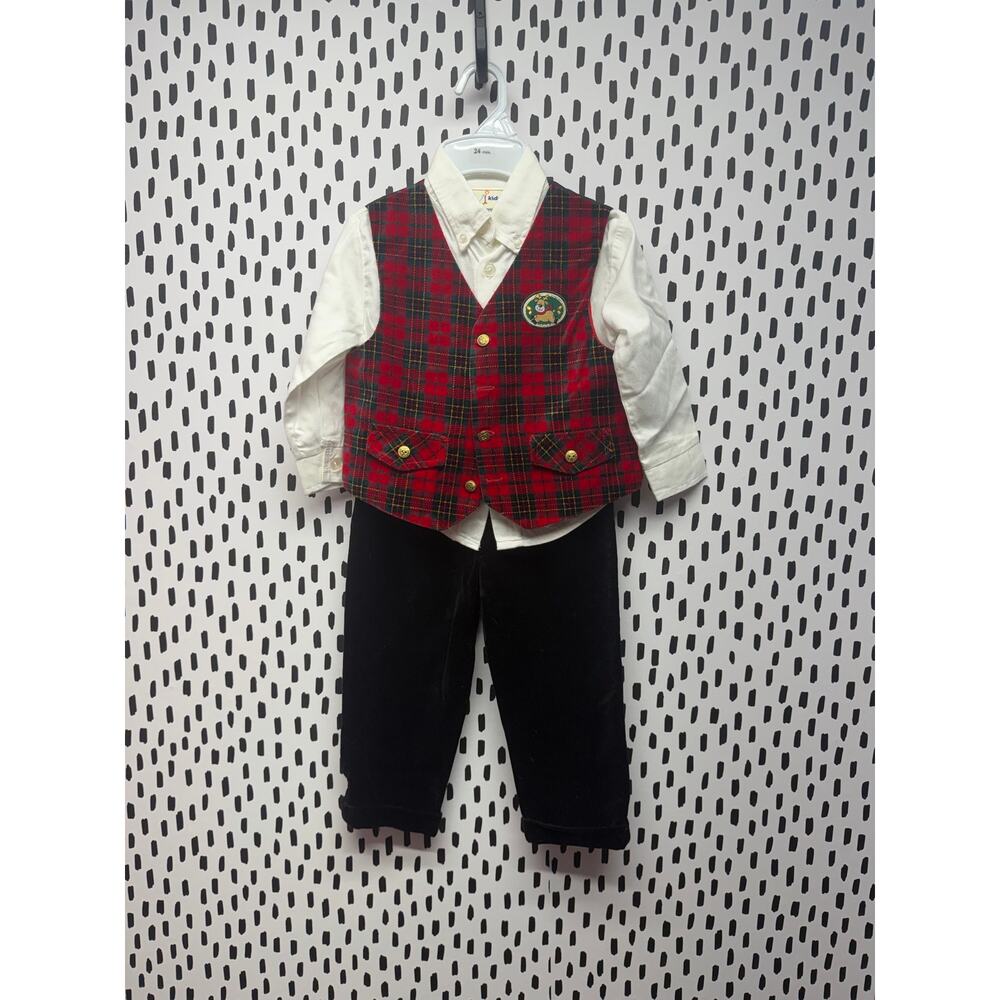 Y2K Boy Christmas Plaid Suit: 3-Piece Green-Red Tartan Formal Outfit 24months